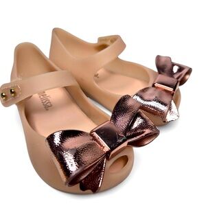 Mini Melissa Mary Jane Jelly Shoes Baby Rose Gold Chunky Bow Top Dress Up 5